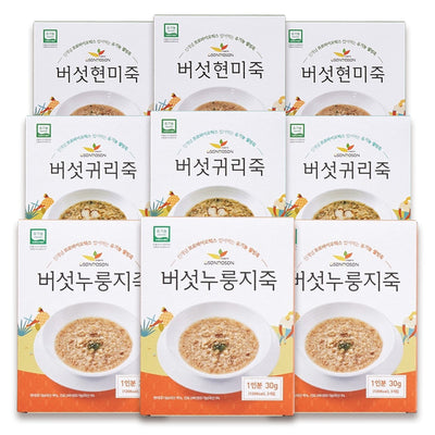 유기농 버섯 누룽지죽 3박스 + 버섯귀리죽 3박스 + 버섯현미죽 3박스 (총 9박스, 27봉)<br>유통기한 : 2024년 3월 15일