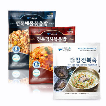 [무료별도배송] 참전복죽 2팩+전복김치밥 3팩+전복해물볶음밥 3팩 <br/>유통기한 : 2021년 10월 26일까지